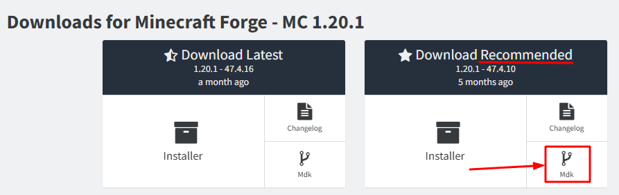 Страница скачивания Forge MDK — кнопка Mdk